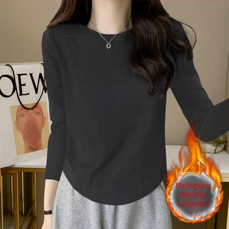 Női alapszintű felső hosszú ujjú, kerek nyakú, poliészter ≥95%, spandex ≤30%, hossz 50–65 cm.