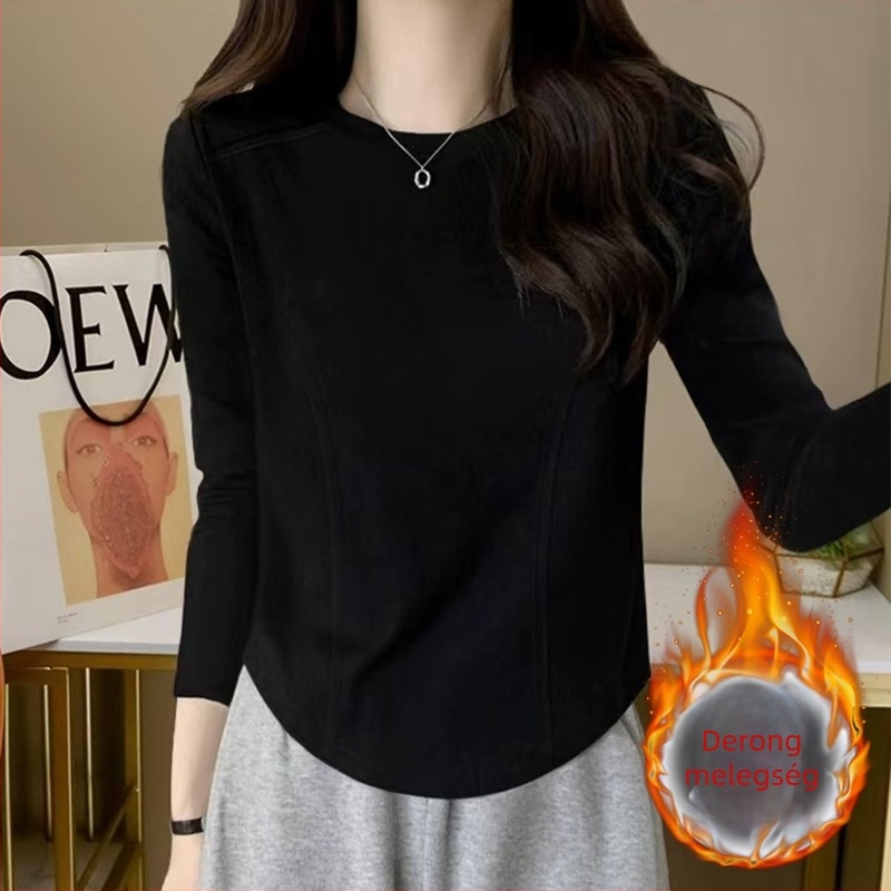 Női alapszintű felső hosszú ujjú, kerek nyakú, poliészter ≥95%, spandex ≤30%, hossz 50–65 cm.