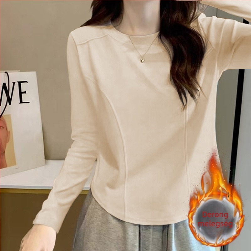 Női alapszintű felső hosszú ujjú, kerek nyakú, poliészter ≥95%, spandex ≤30%, hossz 50–65 cm.