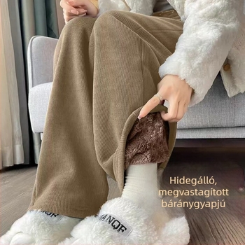 Flízzel bélelt vastag báránygyapjú széleslábú nadrág, magas derék, mindennapi viselet