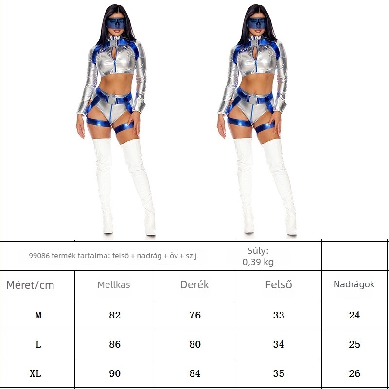 Színpadi előadásra szánt jelmez – Asztronauta/űrlény űrruha bodysuit, Ezüst bőr, Poliészter 30–50%, Női, 2024 tavasz