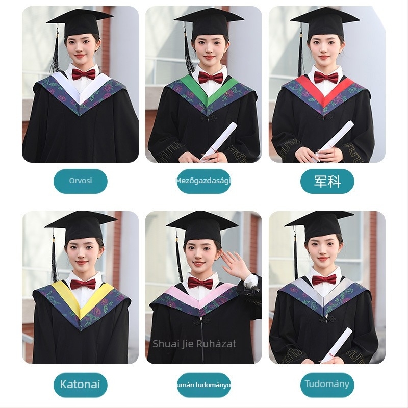 Bakkalaureáti köntös diplomaosztóra, uniszex, egyetemi stílus, tudományokhoz és a humán tudományok területére, előadási ruházat