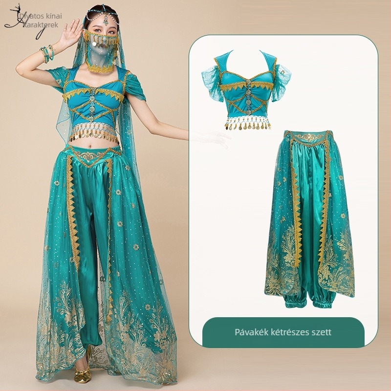 Belly dance előadásra szóló kosztüm Jasmine hercegnő és Aladdin inspirációval, cosplay szett felnőtteknek