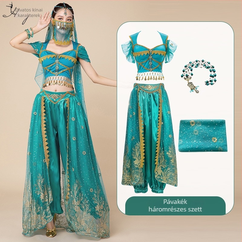Belly dance előadásra szóló kosztüm Jasmine hercegnő és Aladdin inspirációval, cosplay szett felnőtteknek