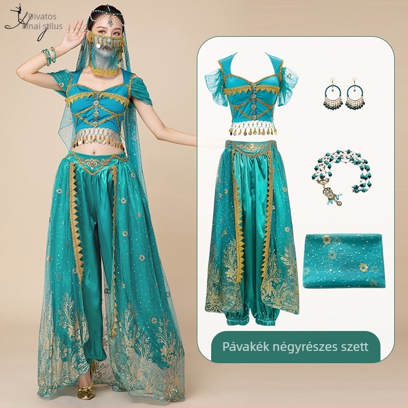 Belly dance előadásra szóló kosztüm Jasmine hercegnő és Aladdin inspirációval, cosplay szett felnőtteknek