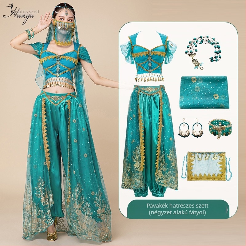 Belly dance előadásra szóló kosztüm Jasmine hercegnő és Aladdin inspirációval, cosplay szett felnőtteknek