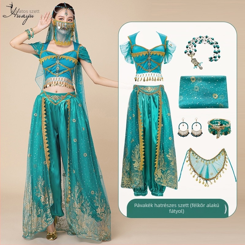 Belly dance előadásra szóló kosztüm Jasmine hercegnő és Aladdin inspirációval, cosplay szett felnőtteknek