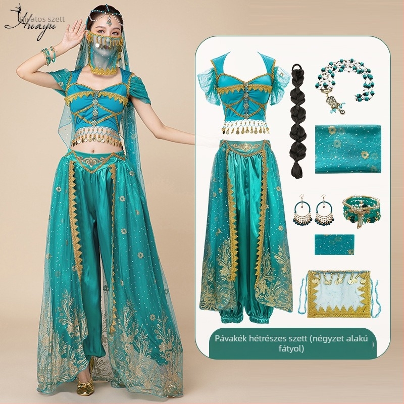 Belly dance előadásra szóló kosztüm Jasmine hercegnő és Aladdin inspirációval, cosplay szett felnőtteknek
