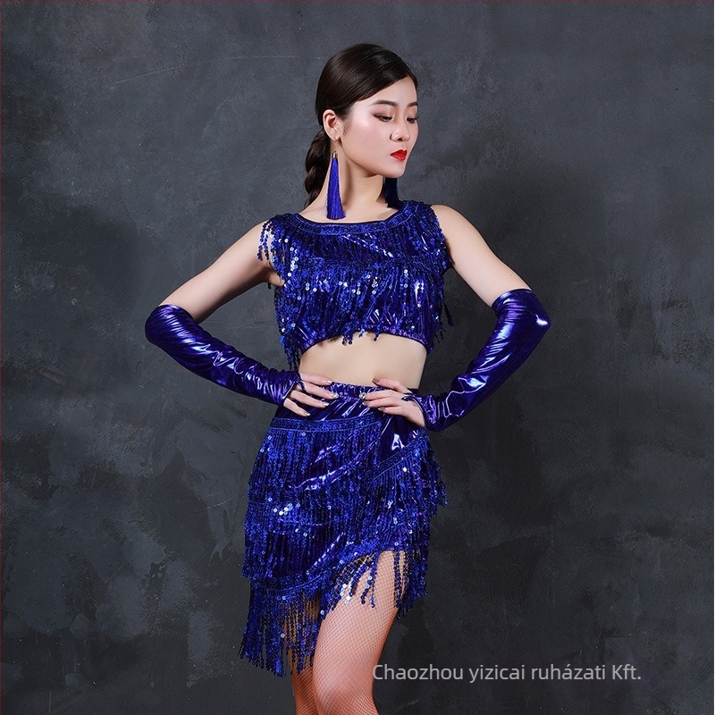 Belly Dance és Latin tánc ruha bojtokkal, fényes poliészter anyag, 80% poliészter, nőknek
