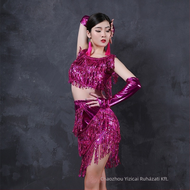 Belly Dance és Latin tánc ruha bojtokkal, fényes poliészter anyag, 80% poliészter, nőknek