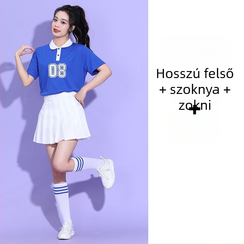 Uniszex cheerleading ruházat színpadi bemutatóra, piqué pamutból, fő anyag 70–80%-os arányban, 2023 ősz.