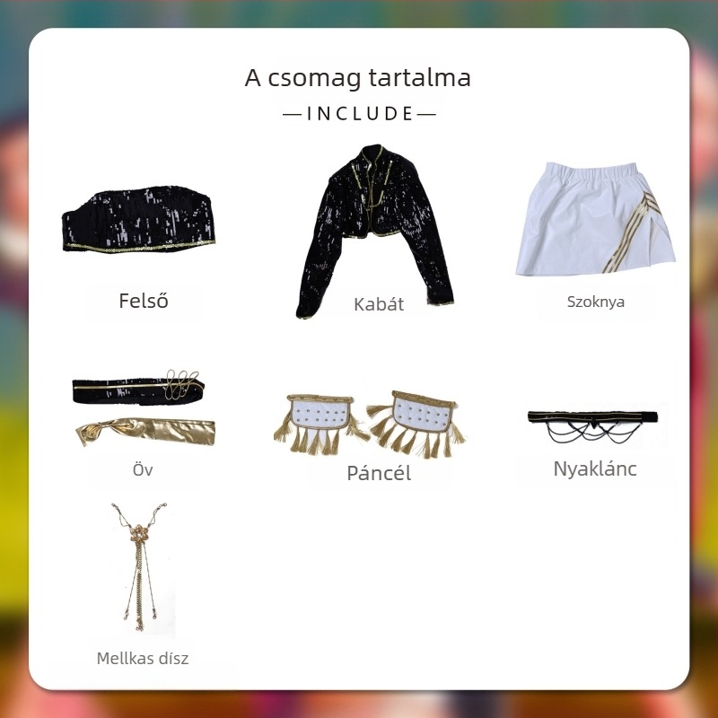 Cosplay jelmez – démonvadász boszorkánycsoport, ihletve K-Pop lánycsapat; poliészter, 95%+ főanyag; 2025 tavasz; Termékkód 123669; alkalmas mesebeli babáknak és anime szerepjátékokhoz