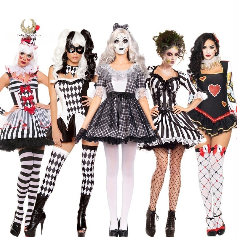 Halloween jelmez cosplay: szexi cirkuszi bohóc, állat edző, vámpír menyasszony, előadáshoz tervezett ruházat