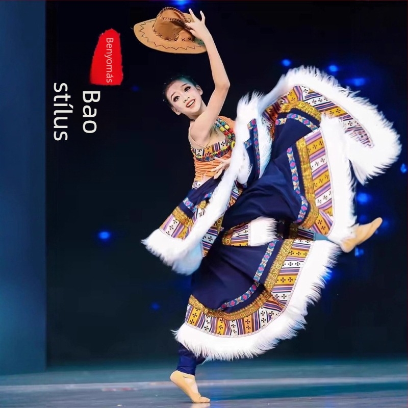 Tibeti stílusú színpadi táncruha széles lengésű szoknyával, etnikus gyakorlathoz és művészeti vizsgához
