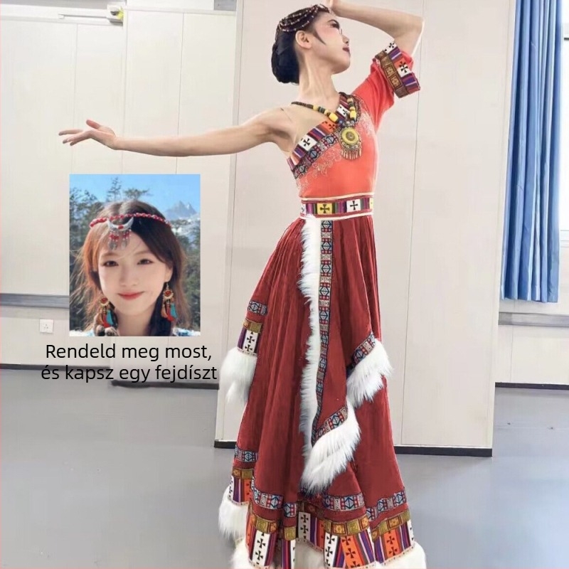 Tibeti stílusú színpadi táncruha széles lengésű szoknyával, etnikus gyakorlathoz és művészeti vizsgához