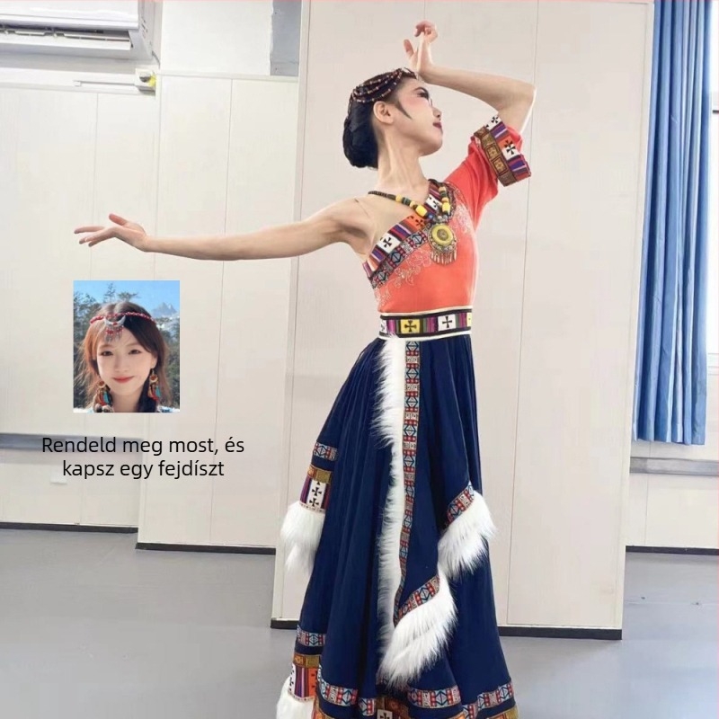 Tibeti stílusú színpadi táncruha széles lengésű szoknyával, etnikus gyakorlathoz és művészeti vizsgához