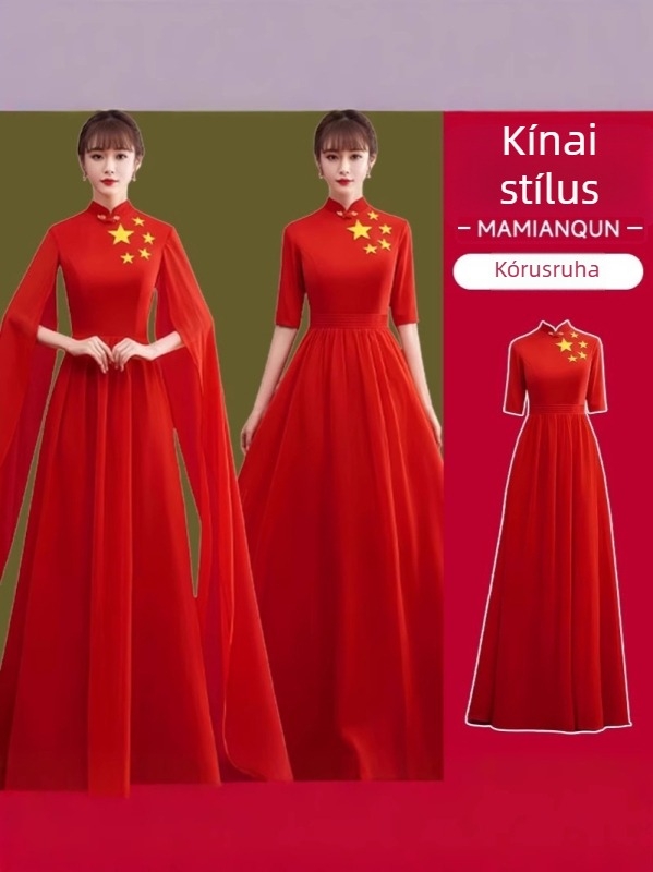 Női hosszú színpadi szoknya kórusfellépésekhez, kínai retró stílus, anyag: chiffon; acetát 50–70%; poliészter 50–70%