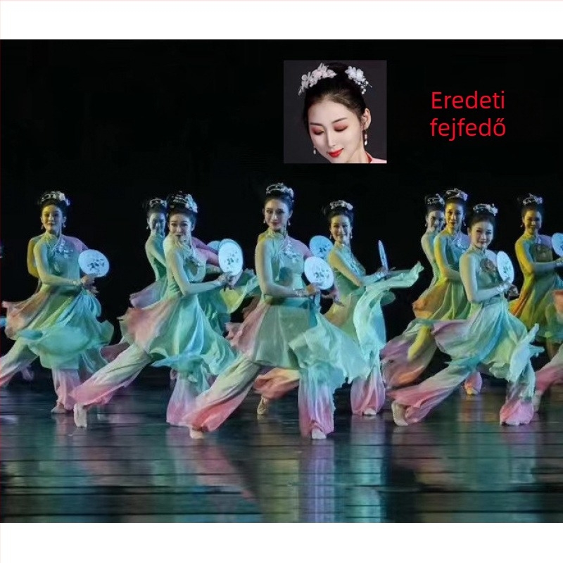 Női fan-tánc ruházat csoportos előadásra, klasszikus tánc viselet chiffon anyagból