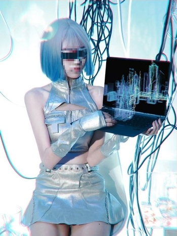 K-Pop lánycsoportos táncruha — AI robot futurisztikus technológiai esztétika, uniszex, 2024 nyár