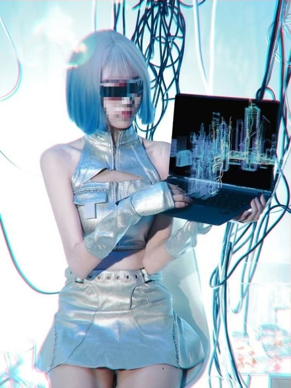 K-Pop lánycsoportos táncruha — AI robot futurisztikus technológiai esztétika, uniszex, 2024 nyár