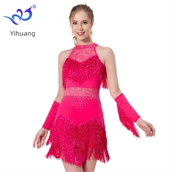 Yihuang Csillogó tasseles latin táncruha csipkével, színpadi előadásokhoz (Milk Silk + Lace, Polyester + Spandex)