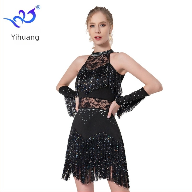 Yihuang Csillogó tasseles latin táncruha csipkével, színpadi előadásokhoz (Milk Silk + Lace, Polyester + Spandex)