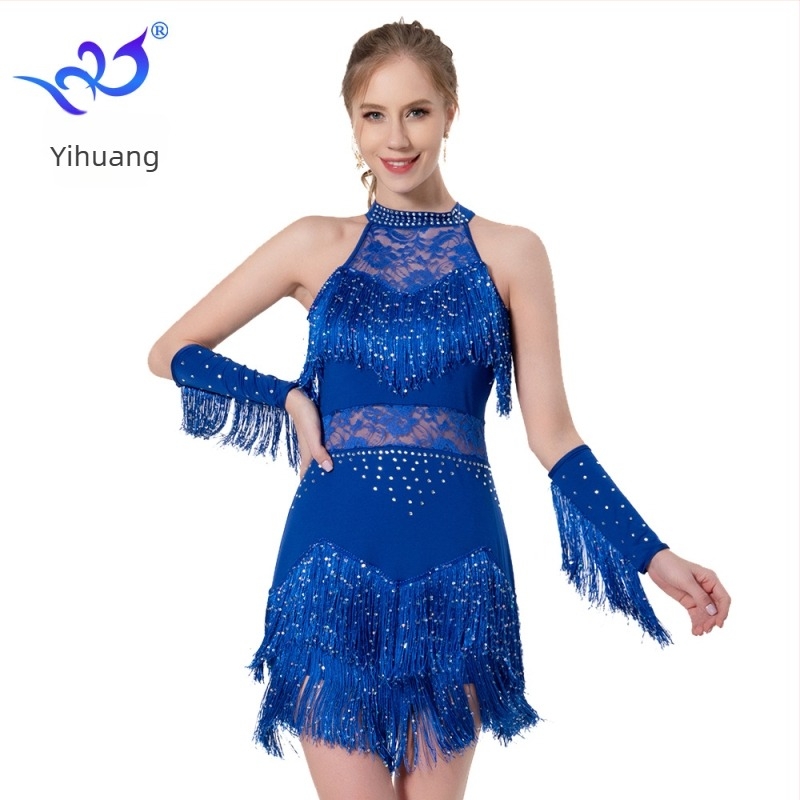 Yihuang Csillogó tasseles latin táncruha csipkével, színpadi előadásokhoz (Milk Silk + Lace, Polyester + Spandex)