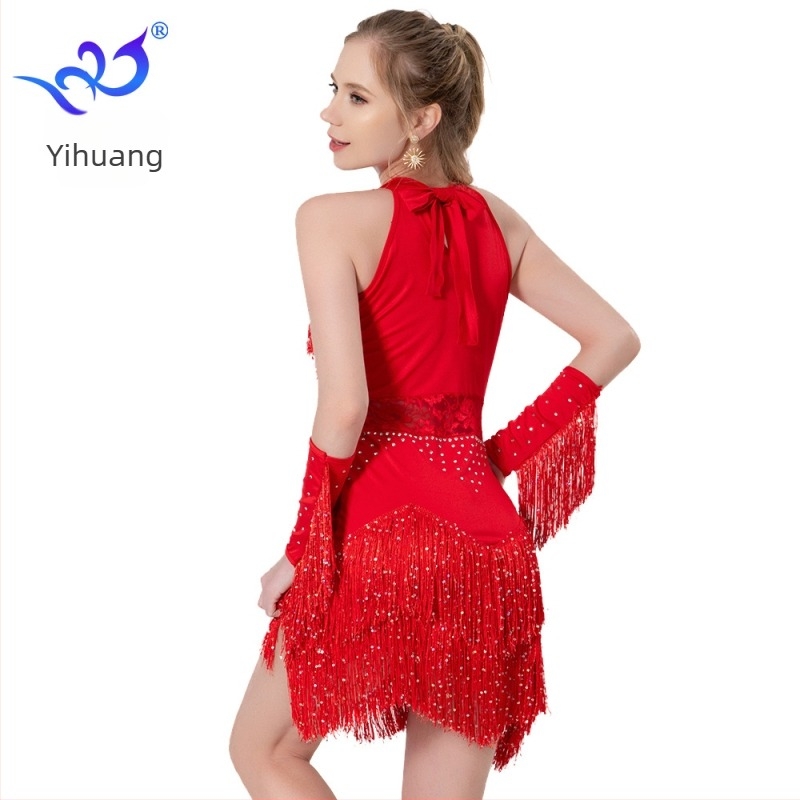 Yihuang Csillogó tasseles latin táncruha csipkével, színpadi előadásokhoz (Milk Silk + Lace, Polyester + Spandex)