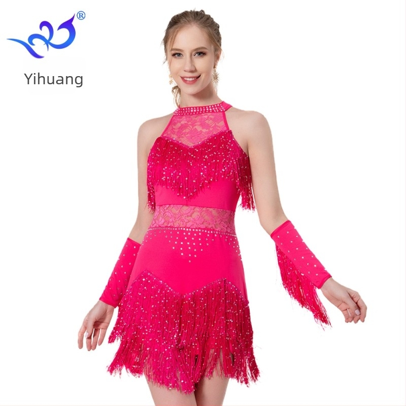 Yihuang Csillogó tasseles latin táncruha csipkével, színpadi előadásokhoz (Milk Silk + Lace, Polyester + Spandex)