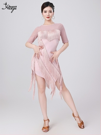 Latin tánc tassel ruha nőknek, hálószövet + kristályos pamut + tassel, poliészter 50–70% / nylon, 2025 nyár, professzionális verseny- és előadásruha