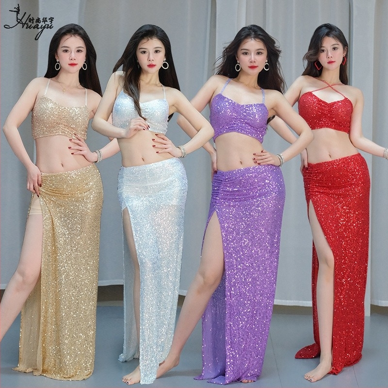 Belly Dance ruhaszett csillogó hálós anyagból, hosszú szoknyával - poliészter, 2025 nyár, nőknek