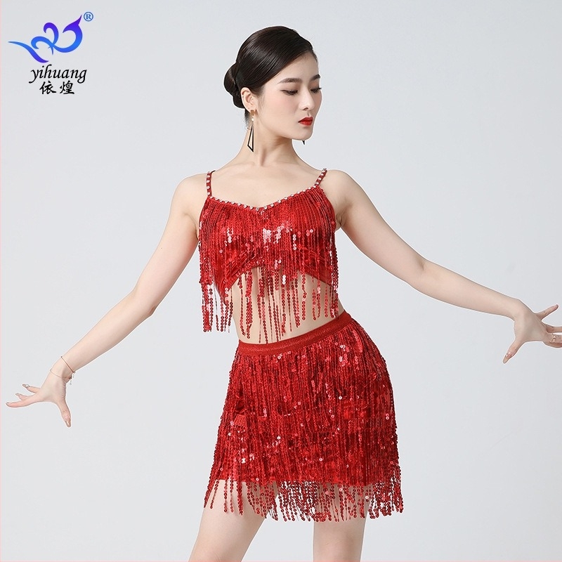 Latin tánc split tassel és szegecselt szoknya – bronz szövet, poliészter/elasztán, női modell, 2025 nyár