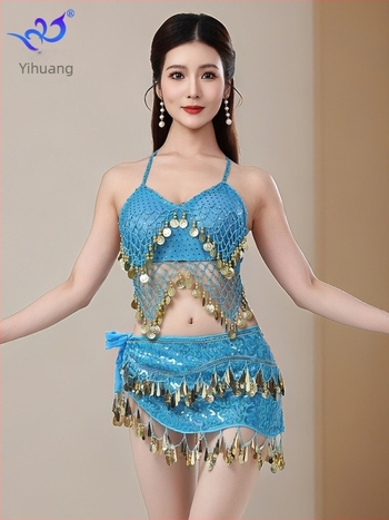 Orientális tánc színpadi jelmez flitterekkel és bojtokkal, melltartóval és szoknyával, chiffon-Spandex anyagból, női