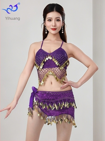 Orientális tánc színpadi jelmez flitterekkel és bojtokkal, melltartóval és szoknyával, chiffon-Spandex anyagból, női