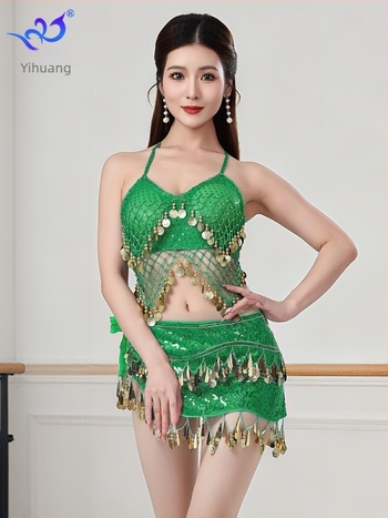 Orientális tánc színpadi jelmez flitterekkel és bojtokkal, melltartóval és szoknyával, chiffon-Spandex anyagból, női