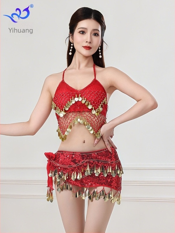 Orientális tánc színpadi jelmez flitterekkel és bojtokkal, melltartóval és szoknyával, chiffon-Spandex anyagból, női