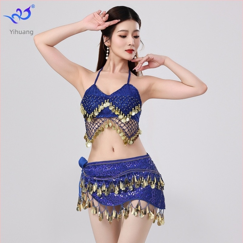 Orientális tánc színpadi jelmez flitterekkel és bojtokkal, melltartóval és szoknyával, chiffon-Spandex anyagból, női