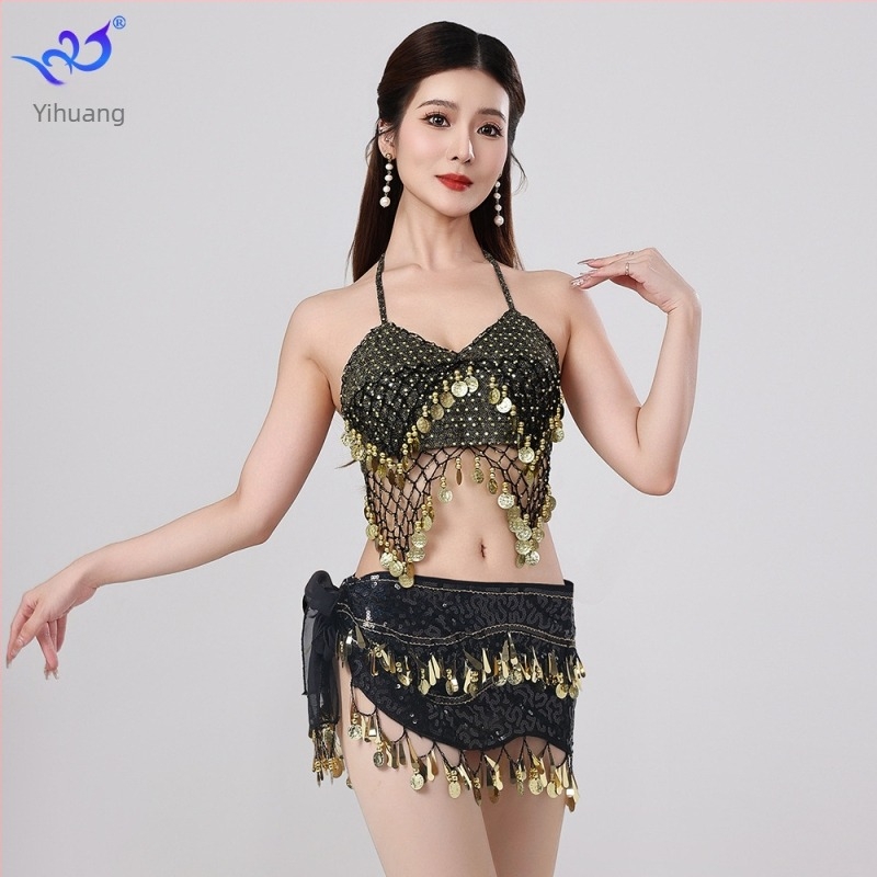 Orientális tánc színpadi jelmez flitterekkel és bojtokkal, melltartóval és szoknyával, chiffon-Spandex anyagból, női