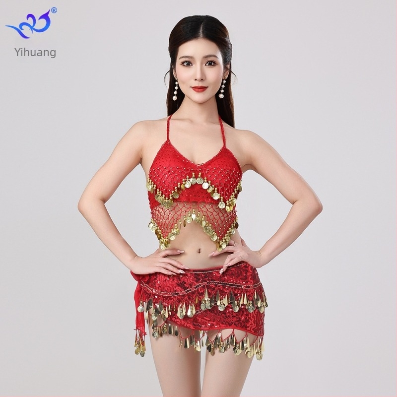 Orientális tánc színpadi jelmez flitterekkel és bojtokkal, melltartóval és szoknyával, chiffon-Spandex anyagból, női
