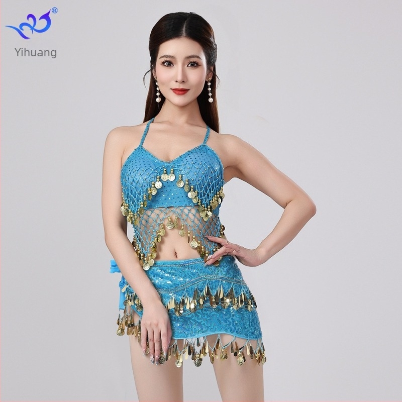 Orientális tánc színpadi jelmez flitterekkel és bojtokkal, melltartóval és szoknyával, chiffon-Spandex anyagból, női