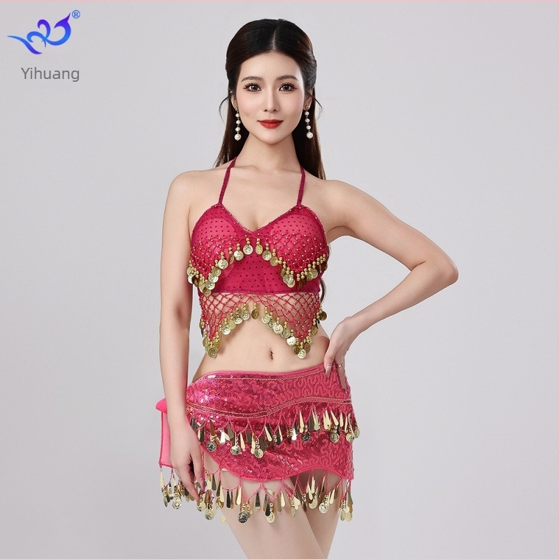 Orientális tánc színpadi jelmez flitterekkel és bojtokkal, melltartóval és szoknyával, chiffon-Spandex anyagból, női