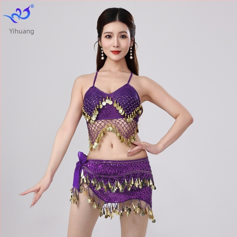 Orientális tánc színpadi jelmez flitterekkel és bojtokkal, melltartóval és szoknyával, chiffon-Spandex anyagból, női