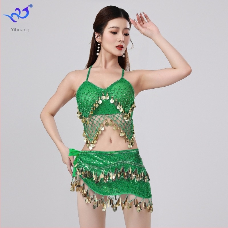Orientális tánc színpadi jelmez flitterekkel és bojtokkal, melltartóval és szoknyával, chiffon-Spandex anyagból, női