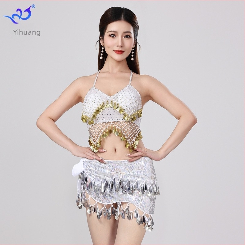 Orientális tánc színpadi jelmez flitterekkel és bojtokkal, melltartóval és szoknyával, chiffon-Spandex anyagból, női