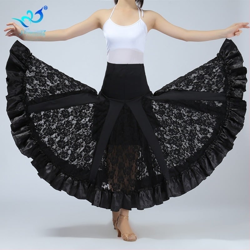 Nőknek szóló ballroom táncruha, csipke, nagy csavarral rendelkező szoknya, tej-selyem anyag, poliészter 96% + spandex 4%, nyár 2024