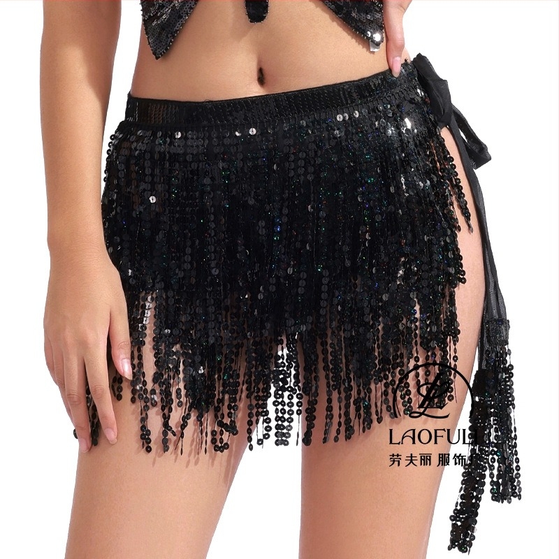  Belly Dance Selyem: paillettes-sel tassel szoknya derékszíj és bohem lace-up csípő kendő – Raffrey márka, PU bőr, poliészter