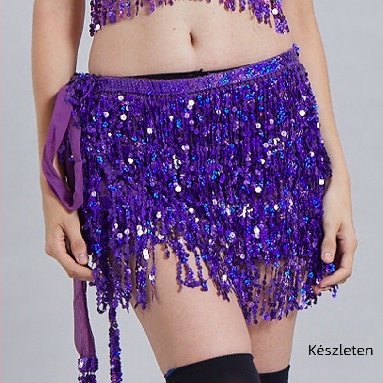 Belly Dance deréktáj flitterekkel és bojtokkal, chiffon‑poliészter PVC keverék