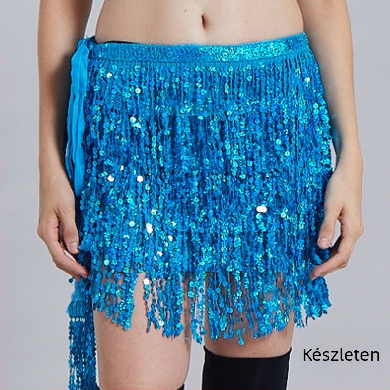 Belly Dance deréktáj flitterekkel és bojtokkal, chiffon‑poliészter PVC keverék