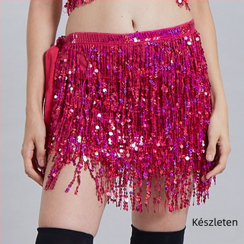 Belly Dance deréktáj flitterekkel és bojtokkal, chiffon‑poliészter PVC keverék