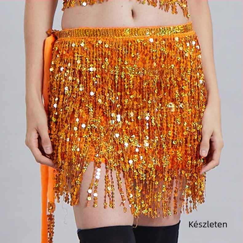 Belly Dance deréktáj flitterekkel és bojtokkal, chiffon‑poliészter PVC keverék